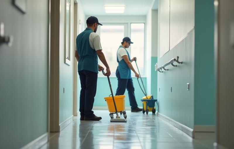 Cleaning team working together in a commercial building hallway
